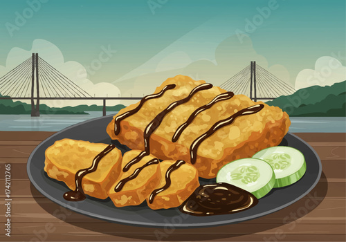 Delicious Indonesian Pempek Fish Cakes with Sweet Sauce and Palembang Bridge