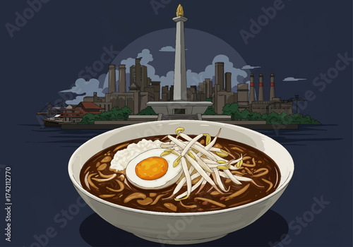 Flavorful Indonesian Mie Aceh Noodles with Egg and Night Cityscape