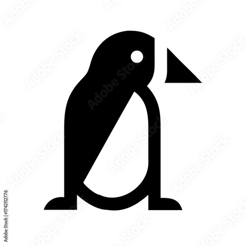 Vector art of minimalist black and white penguin icon, depicting a stylized bird with a distinctive beak and body shape, creating a modern and clean design