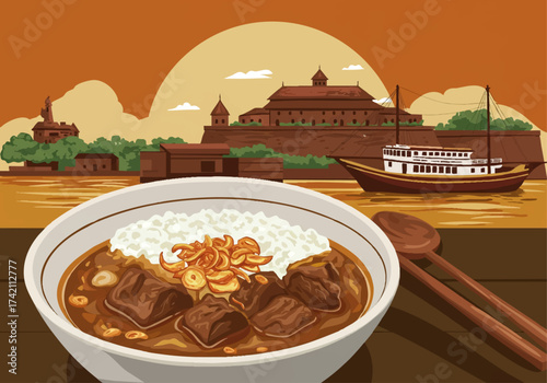 Hearty Indonesian Coto Makassar Beef Soup with Rice and Historical Fort