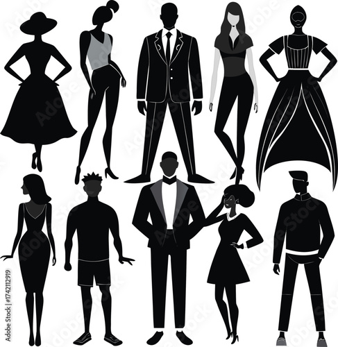 Collection of diverse silhouettes of men and women in fashionable attire
