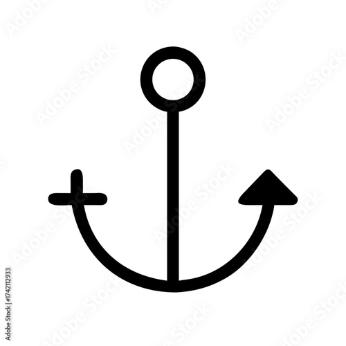Vector art of simple black anchor icon, nautical symbol representing stability, security, and hope, often associated with maritime themes and seafaring adventures