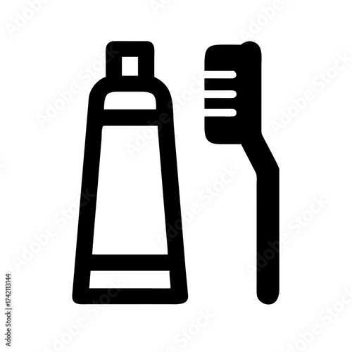 Vector art of toothbrush and toothpaste icon for dental hygiene, oral care, bathroom essentials, and a minimalist design representing cleanliness and health