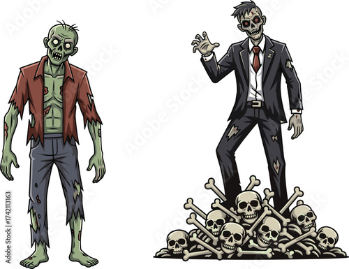 Creepy cartoon zombies standing on skulls and bones, horror undead characters illustration, scary Halloween monsters, spooky walking dead artwork