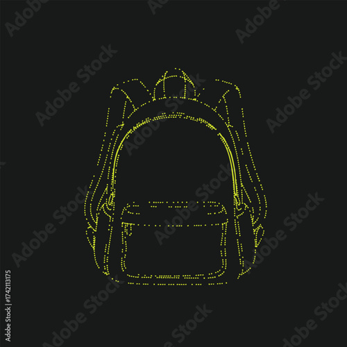 Neon outline of a backpack with multiple compartments and straps on a dark , emphasizing outdoor and travel gear