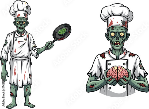 Creepy zombie chef holding brain and frying pan, undead cook character illustration for Halloween horror, restaurant apocalypse, and scary cartoon design