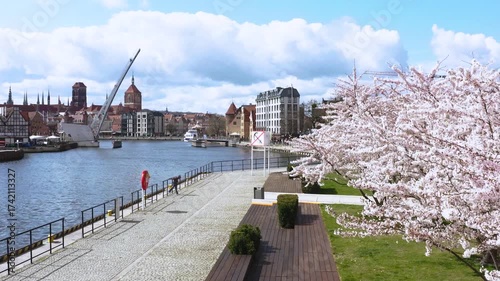 The Main Town of Gdansk by the Motlawa river at blossom spring, Poland.