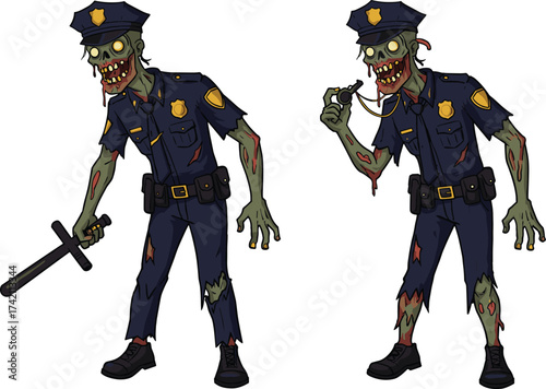 Creepy zombie police officers in torn uniforms holding baton and handcuffs, horror undead cops illustration for Halloween, apocalypse, and fantasy design
