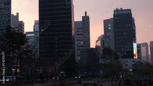 Seoul, South Korea. View of skyscrapers in Seoul, South Korea. Time-lapse during a cloudy sunset evening in spring