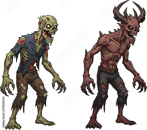 Scary zombie and demon monster illustration, horror undead creature, evil beast character design, spooky Halloween fantasy artwork, terrifying nightmare drawing