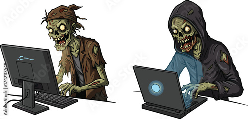 Scary zombie hackers working on computer and laptop, creepy undead characters coding, cybercrime illustration, horror technology concept, digital fantasy artwork, cartoon