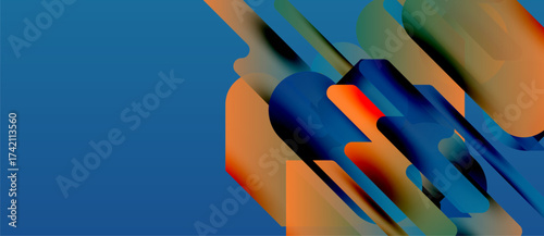Abstract composition featuring vibrant overlapping shapes. Blue background contrasts orange, green, red elements. Modern design.