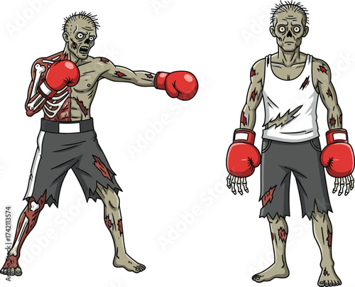 Zombie boxers illustration, undead fighters with boxing gloves, scary sports concept art, horror athletic design, Halloween fighting character vector