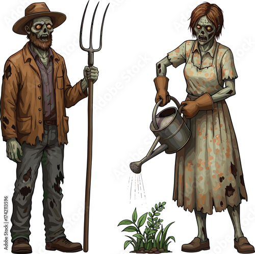 Zombie farmers working in garden, undead couple with pitchfork and watering can, horror cartoon agriculture scene, spooky rural life concept.