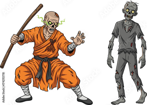 Zombie monk fighter with glowing eyes and undead companion, horror fantasy illustration for Halloween, apocalypse, martial arts zombie, and scary design