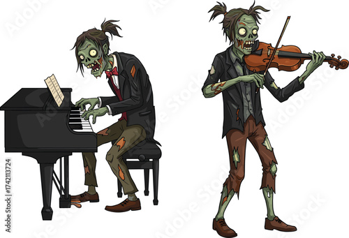 Zombie musicians playing classical instruments, undead pianist and violinist in tuxedos, funny horror music scene, cartoon undead characters performing live.