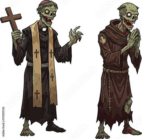Zombie priest and monk illustration, undead religious characters, horror Halloween art, scary church monsters, creepy gothic fantasy vector design