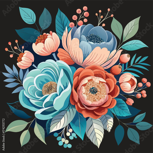 Vibrant floral arrangement with teal and coral peonies on dark background