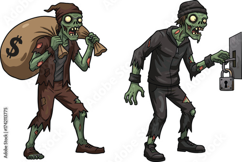 Zombie thief and burglar illustration, undead criminal characters, horror Halloween art, creepy zombie robbers, spooky night crime cartoon vector