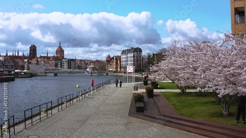 The Main Town of Gdansk by the Motlawa river at blossom spring, Poland.