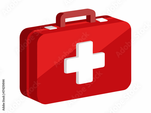 Vector illustration red first aid kit with a white cross symbolizing medical emergency, healthcare preparedness, safety equipment, and quick response