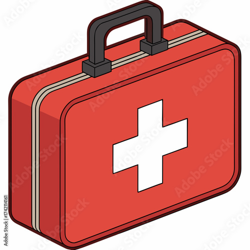 Vector illustration red first aid kit with a white cross symbolizing medical emergency, healthcare preparedness, safety equipment, and quick response