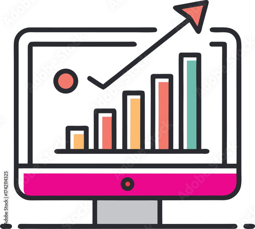 Computer screen displaying a rising bar graph and upward trend line