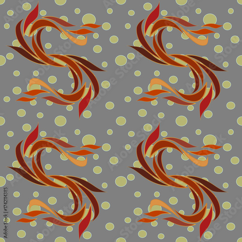 An abstract seamless pattern featuring dynamic, flowing shapes in warm orange and red-brown tones, set against a gray background with light olive-green polka dots.