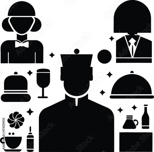 Restaurant staff and service icons in silhouette style