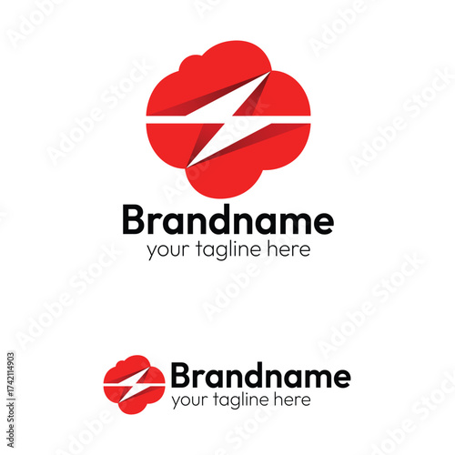 Modern Red Cloud Logo Design Template with Dynamic Thunderbolt Symbol Representing Fast Data Storage, Energy, Quick Service, and Power Technology