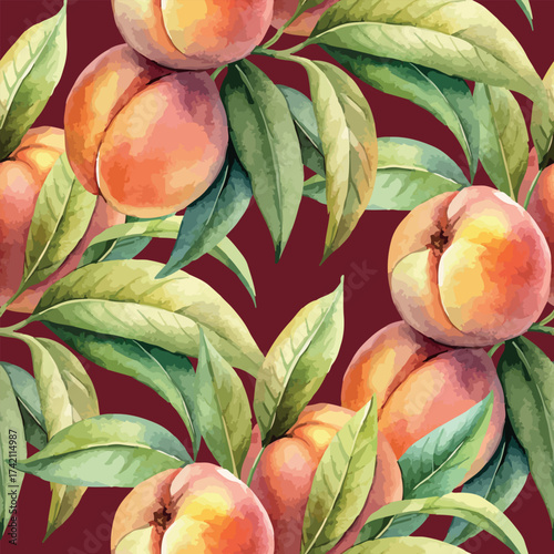 Vivid Fresh Peaches Fruits Botanical Watercolor Vector Seamless Pattern