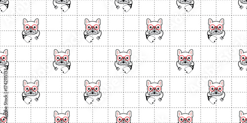 dog seamless pattern french bulldog doctor cartoon doodle stethoscope hospital eyeglasses eyewear pet tile background checked dash line gift wrapping paper repeat wallpaper illustration