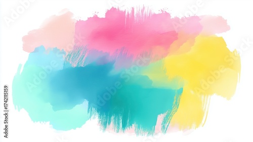 Soft watercolor background with pastel rainbow hues blending pink, yellow, and teal tones, gentle watercolor brushstrokes and light textures, minimalist banner design with white space for text and log