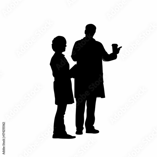 Silhouette of pharmacist assisting customer with medication on white background isolated on white background