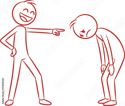 Laughing at someone bullying concept stick figure illustration editable stock