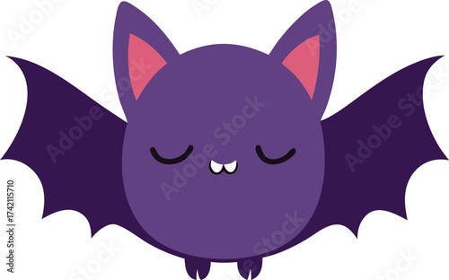 Cute purple bat with closed eyes and pink ears cartoon