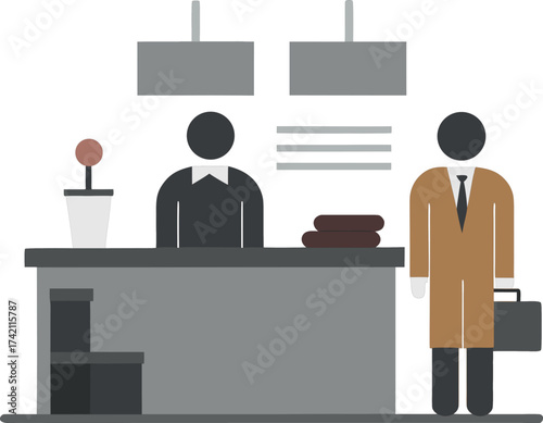 Business meeting at a reception desk with a client and receptionist
