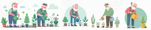 vector grandfather watering plants