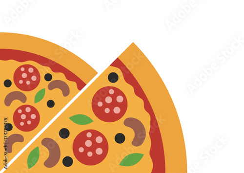 One sliced pizza with pepperoni, mushrooms, black olives, and basil leaf. Fast food concept with copy space.