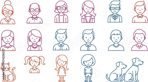 Family members icons vector illustration outline style set editable stock
