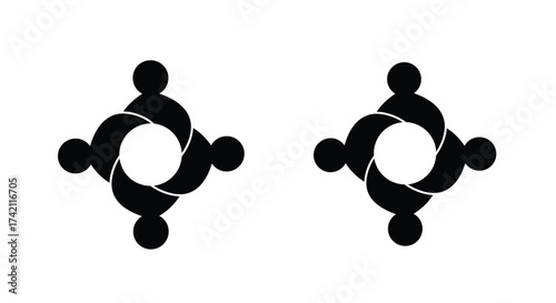 Abstract black circles with internal connections arranged in a grid pattern