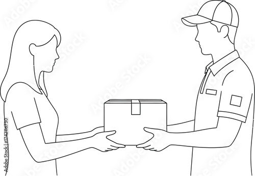Delivery service man giving package to woman line drawing editable stock