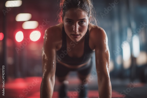 Woman performing burpees in CrossFit gym, motion blur effect, sweat and determination, modern fitness studio, cinematic lighting, horizontal composition