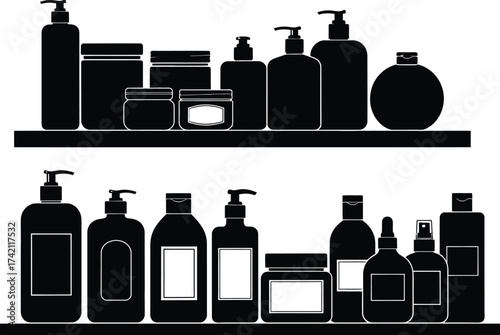 Cosmetic product bottles and jars on shelves vector illustration editable stock