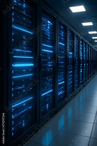 Modern data center with blue server lights. Futuristic technology background for network, cloud, and IT concepts.