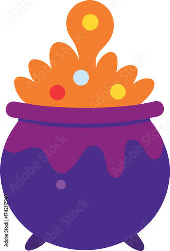 Orange and purple bubbling cauldron with colorful dots