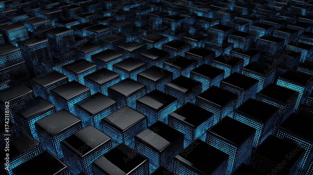 Naklejka premium Modern blockchain technology background with abstract glowing blue cubes for innovative business solutions and cutting-edge digital experiences