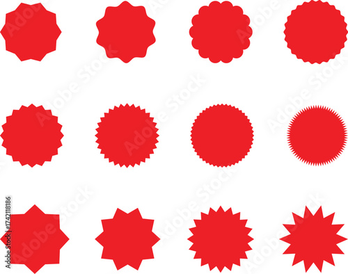 Star Burst Shape Tags for Shops and Prices , Red Circle Sticker Set, Blank Sale Stickers, Wavy Edge Promo Badges, Vintage Label Vector Illustration