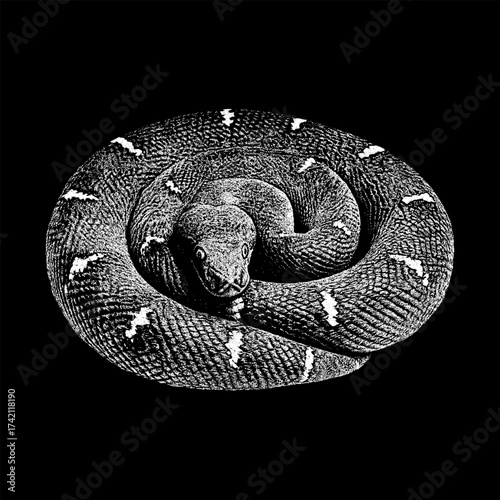 Detailed black and white illustration of an emerald tree boa coiled in a resting position. The artwork showcases the snake’s distinctive scales and white markings with high contrast.