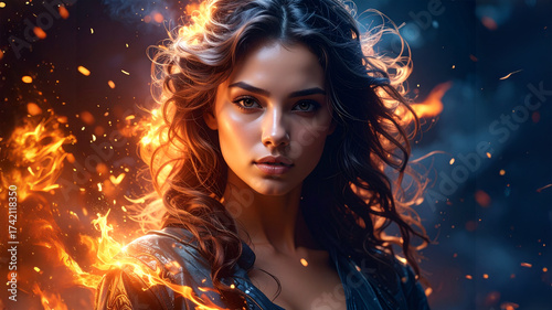Girl On FIre - Epic fFntasy movie poster style with female hero woman surrounded by fiery sparks of flames